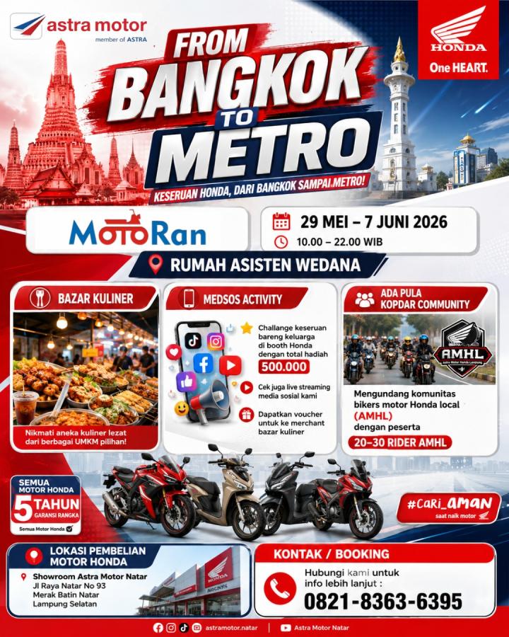 Astra Motor Natar Hadirkan Keseruan Event “From Bangkok to Metro” dengan Bazar Kuliner, Aktivitas Media Sosial, dan Kopdar Komunitas Honda